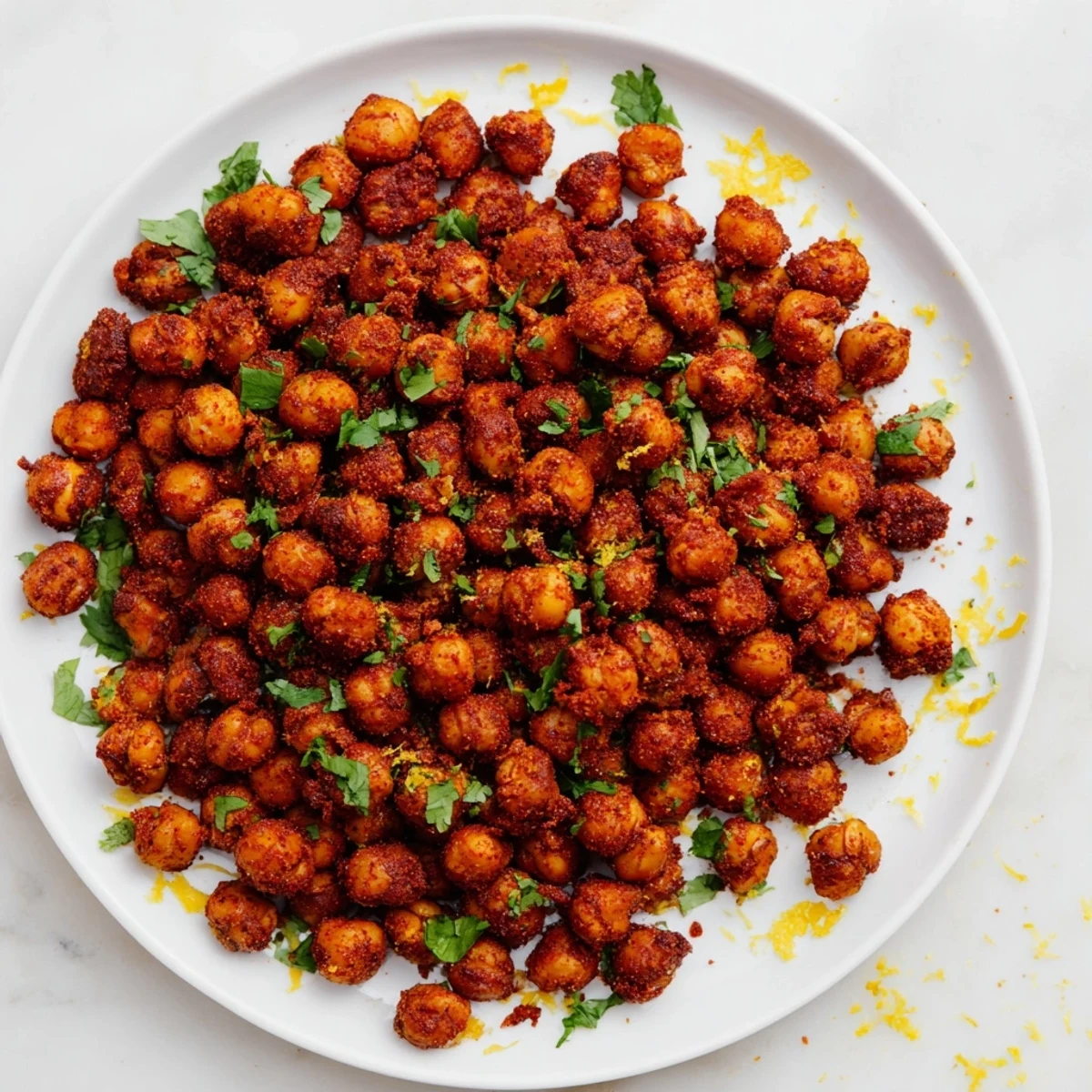 Golden, crispy harissa chickpea roast: a vegan snack radiating warmth and flavorful spice.