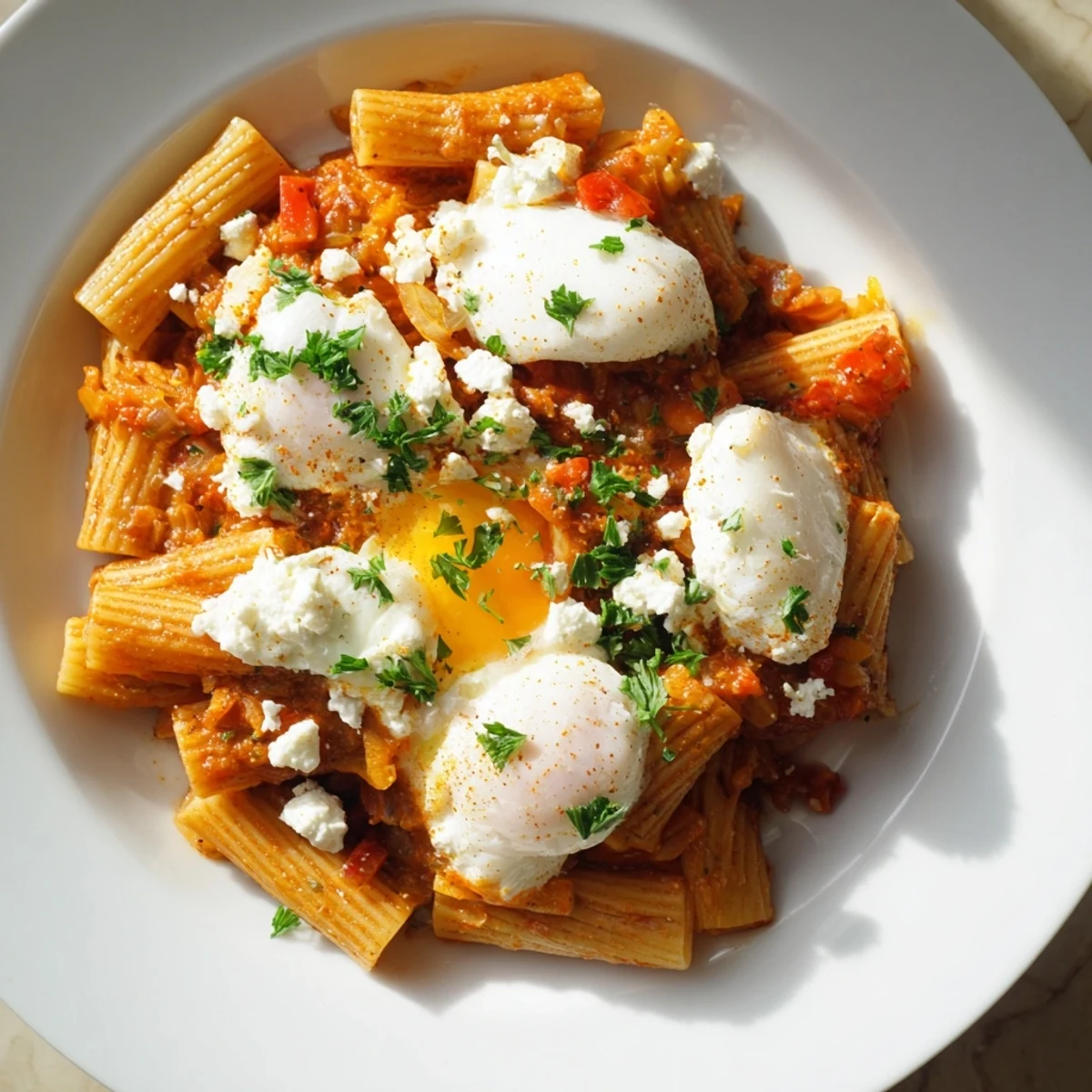This delicious Shakshuka Baked Pasta shows a comforting baked pasta with runny egg yolks and cheese.