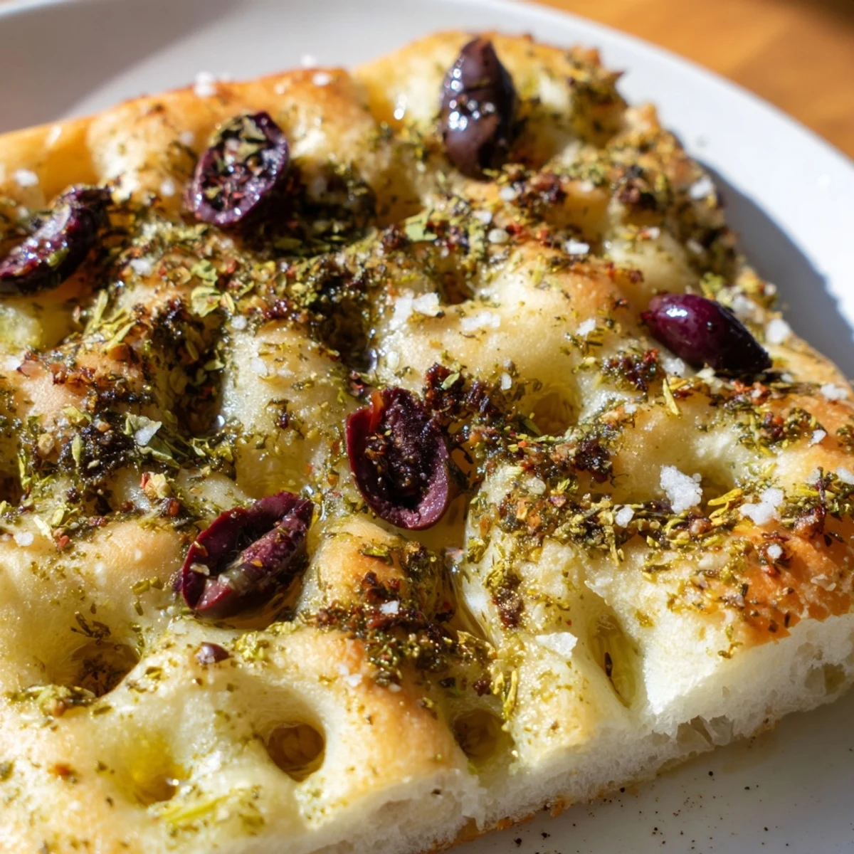 Freshly baked Zaatar Olive Focaccia showcases a crispy, olive-studded surface and savory seasonings, ideal for dipping!