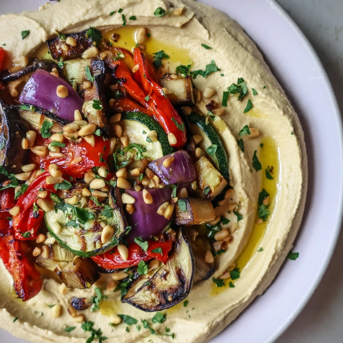 Mediterranean Hummus Roasted Veggies with colorful, tender vegetables and extra virgin olive oil drizzle.