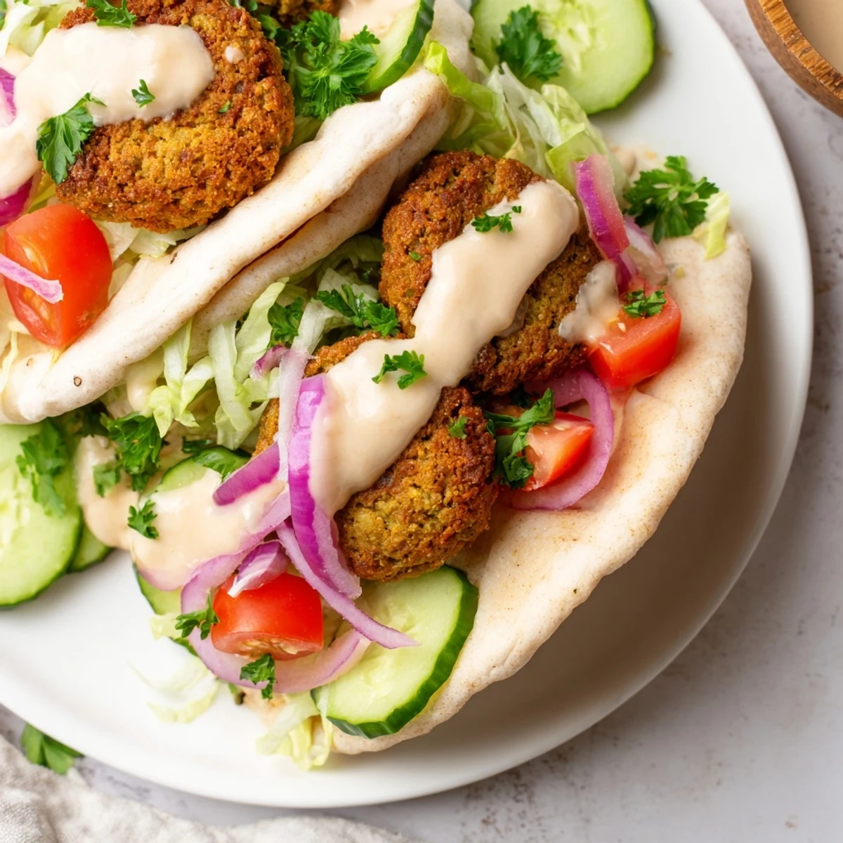 Golden-brown falafel pita pocket bursting with fresh veggies and creamy tahini sauce, ready to eat.
