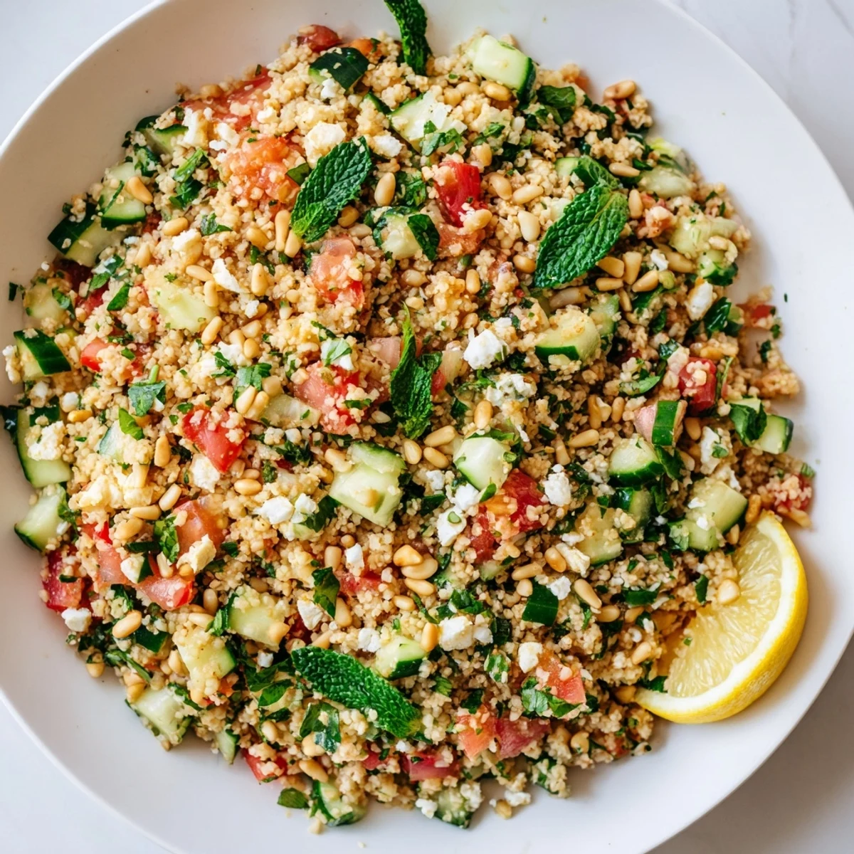 Freshly made Tabbouleh Grain Bowl, featuring juicy tomatoes and fragrant herbs, ideal for a light meal.