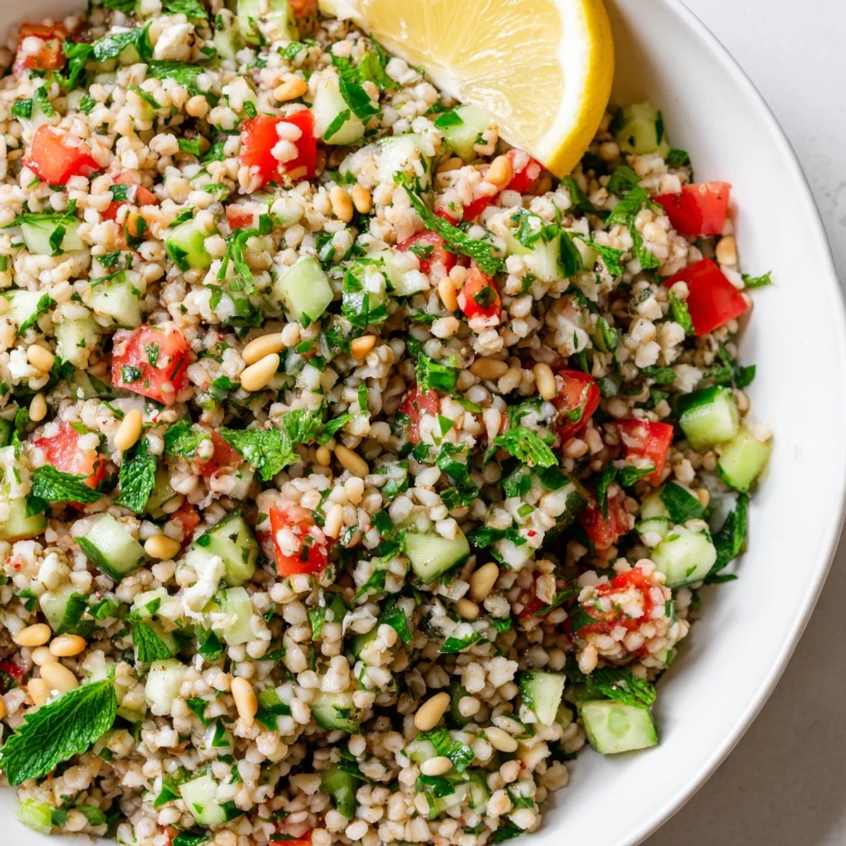 A colorful Tabbouleh Grain Bowl, brimming with fresh ingredients and a bright lemon dressing.