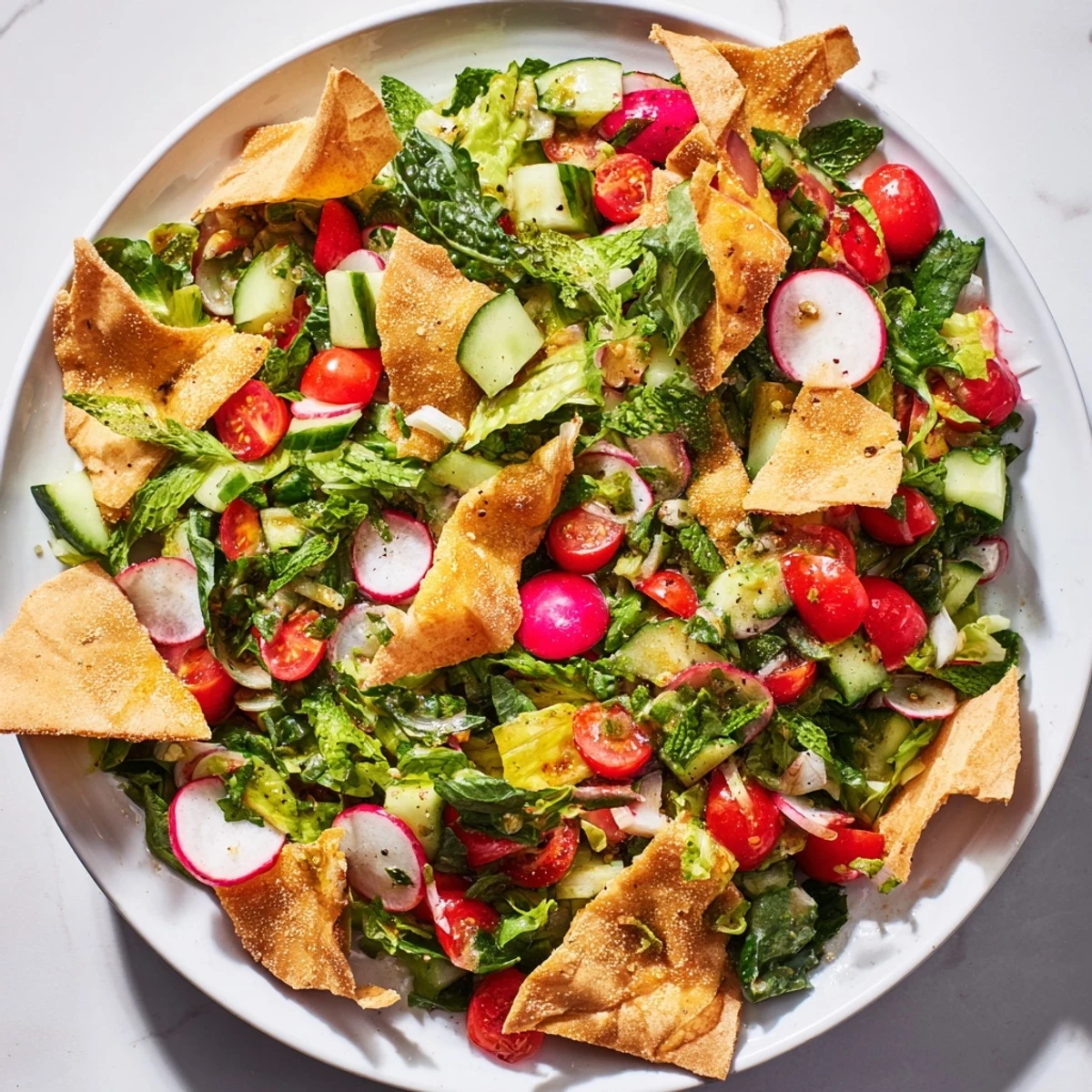Fresh Fattoush Crunch Salad with a bright sumac dressing, perfect for sharing at lunch.