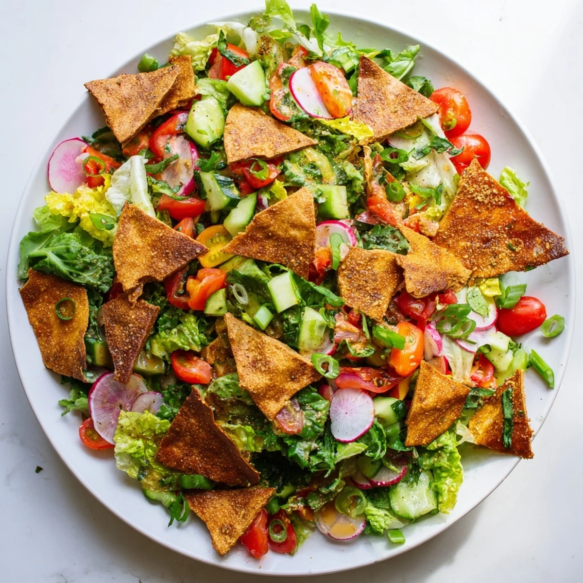 Crispy pita tops this Fattoush Crunch Salad, a light and refreshing Middle Eastern meal option.