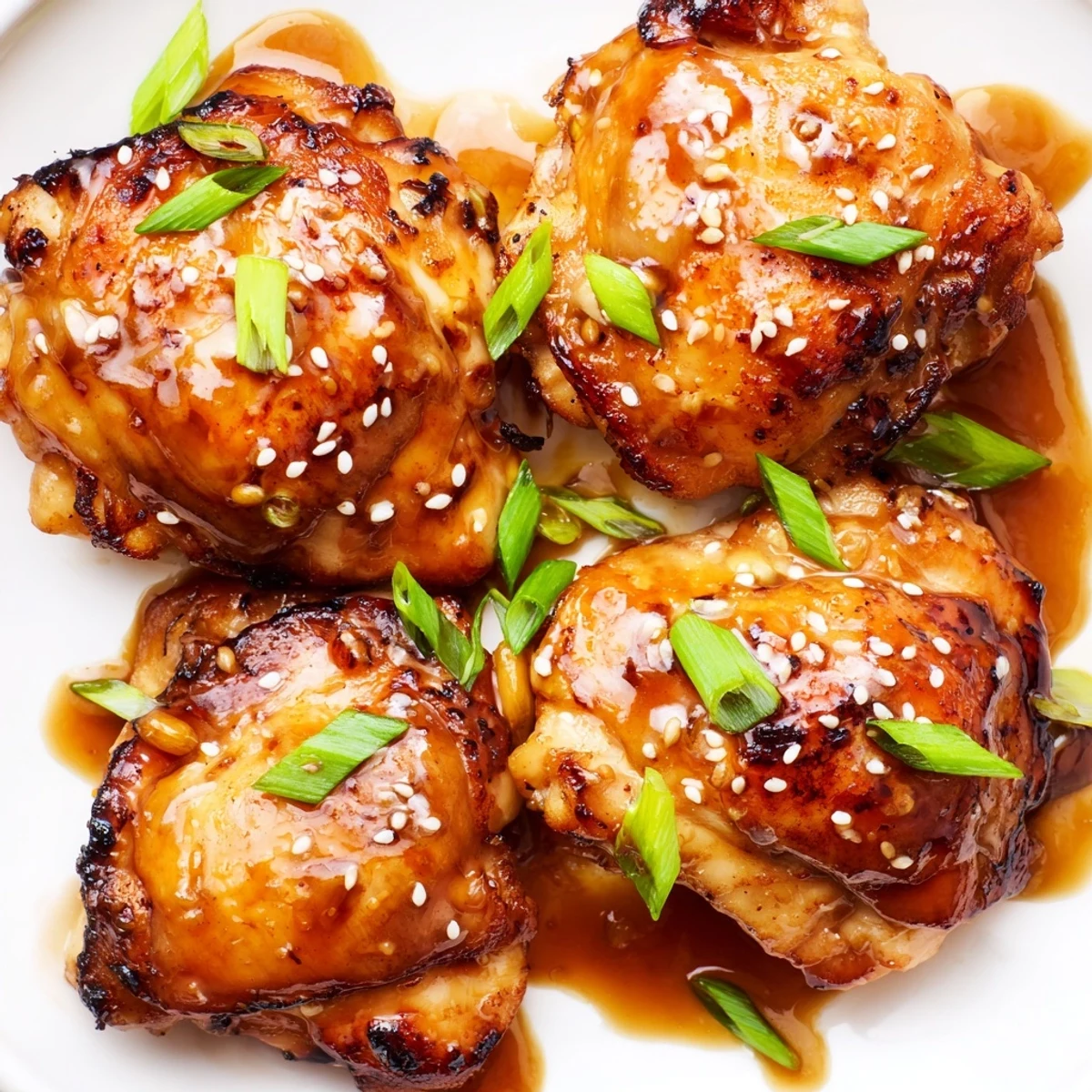 Baked honey garlic glazed chicken thighs with crispy skin, garnished with sesame seeds and chopped parsley for vibrant flavor.