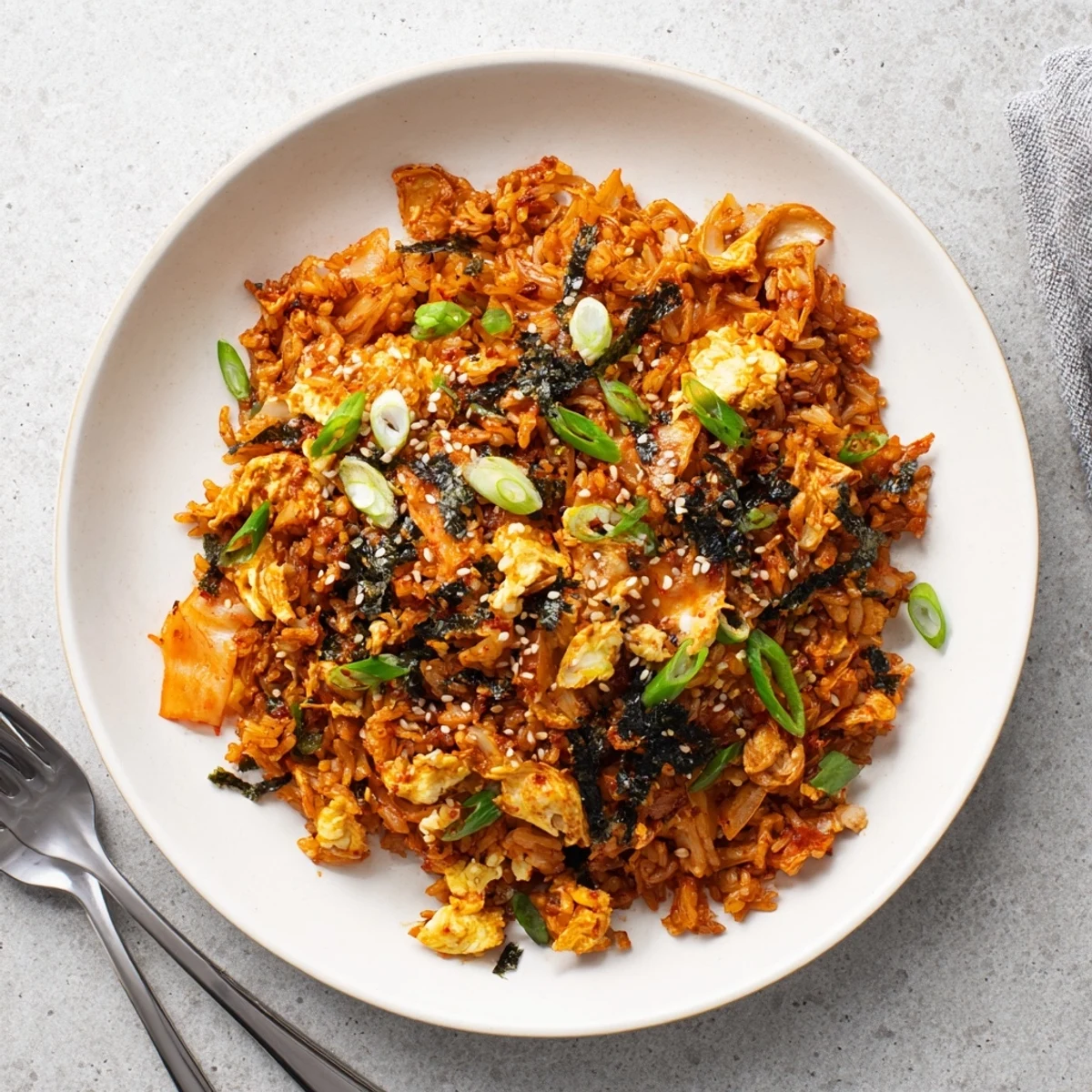A close-up of vibrant Spicy Kimchi Fried Rice sizzling in a cast-iron skillet, with steam rising from the bright red, caramelized kimchi and fluffy rice.  