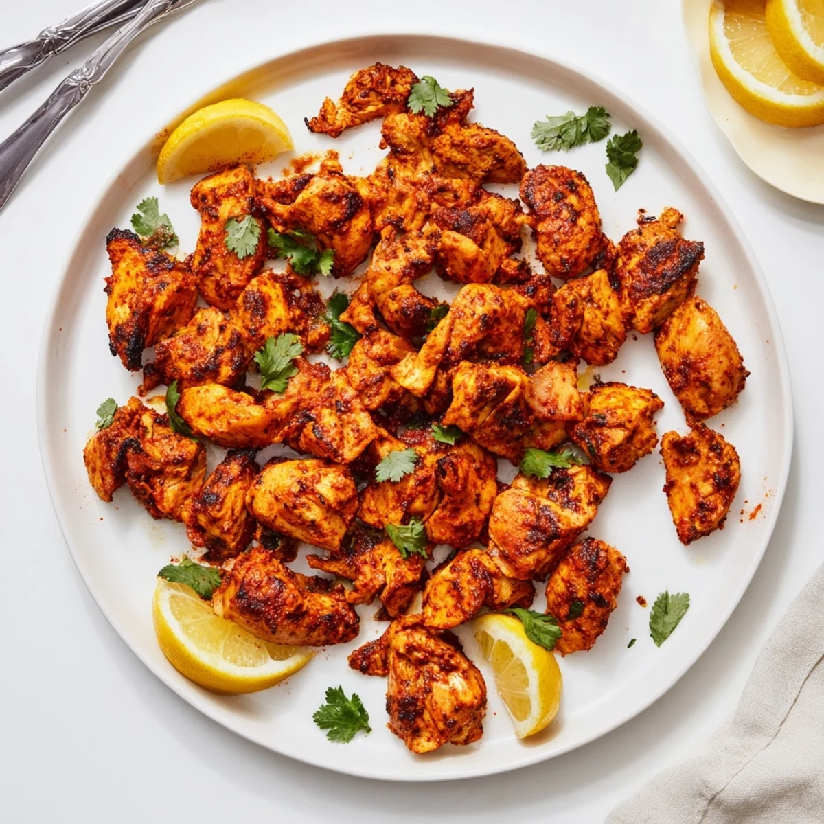 Juicy, oven-roasted Indian Tikka Spiced Chicken pieces with a crispy char, paired with lemon wedges and sliced red onion.