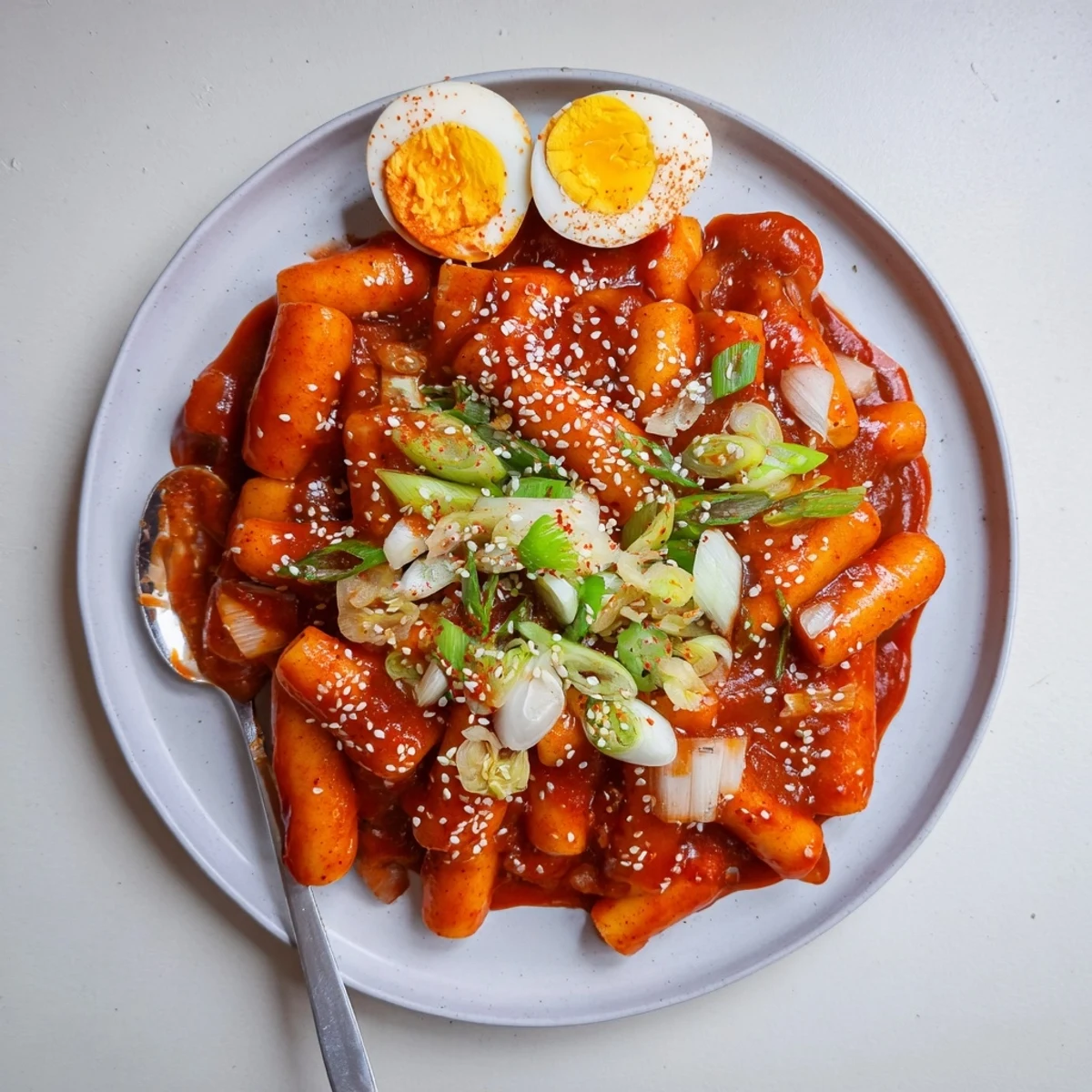 A close-up of vibrant Korean Tteokbokki, featuring chewy rice cakes and green onions coated in a glossy, spicy-sweet gochujang sauce.