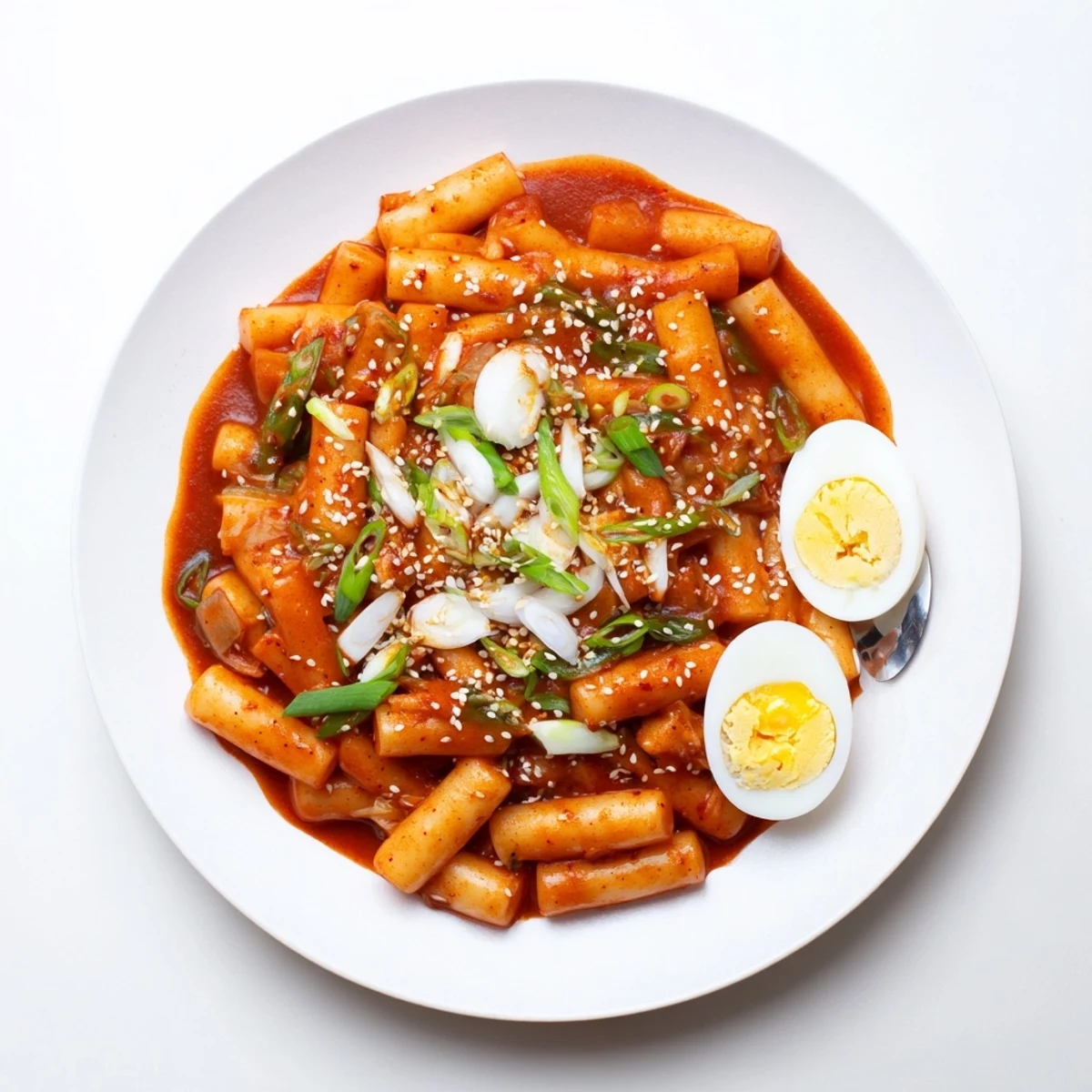 A hearty serving of Korean Tteokbokki steaming in a bowl, showcasing soft rice cakes and sliced onions in a thick, fiery red sauce.
