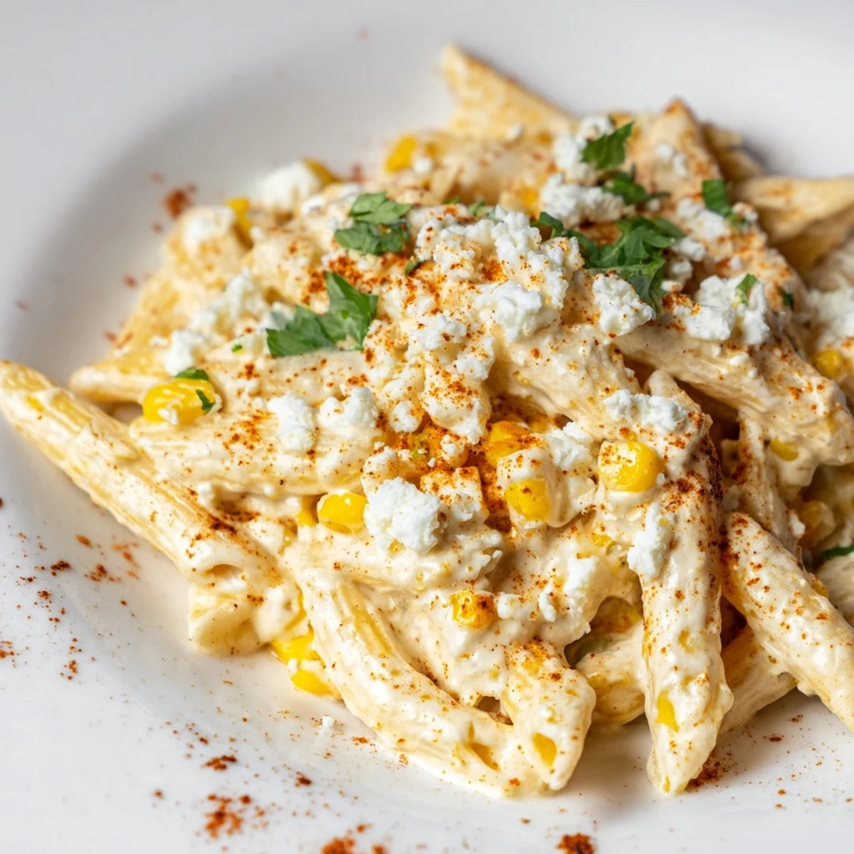 A vibrant bowl of Mexican Street Corn Pasta served warm with lime wedges, chili powder, and smoky paprika.