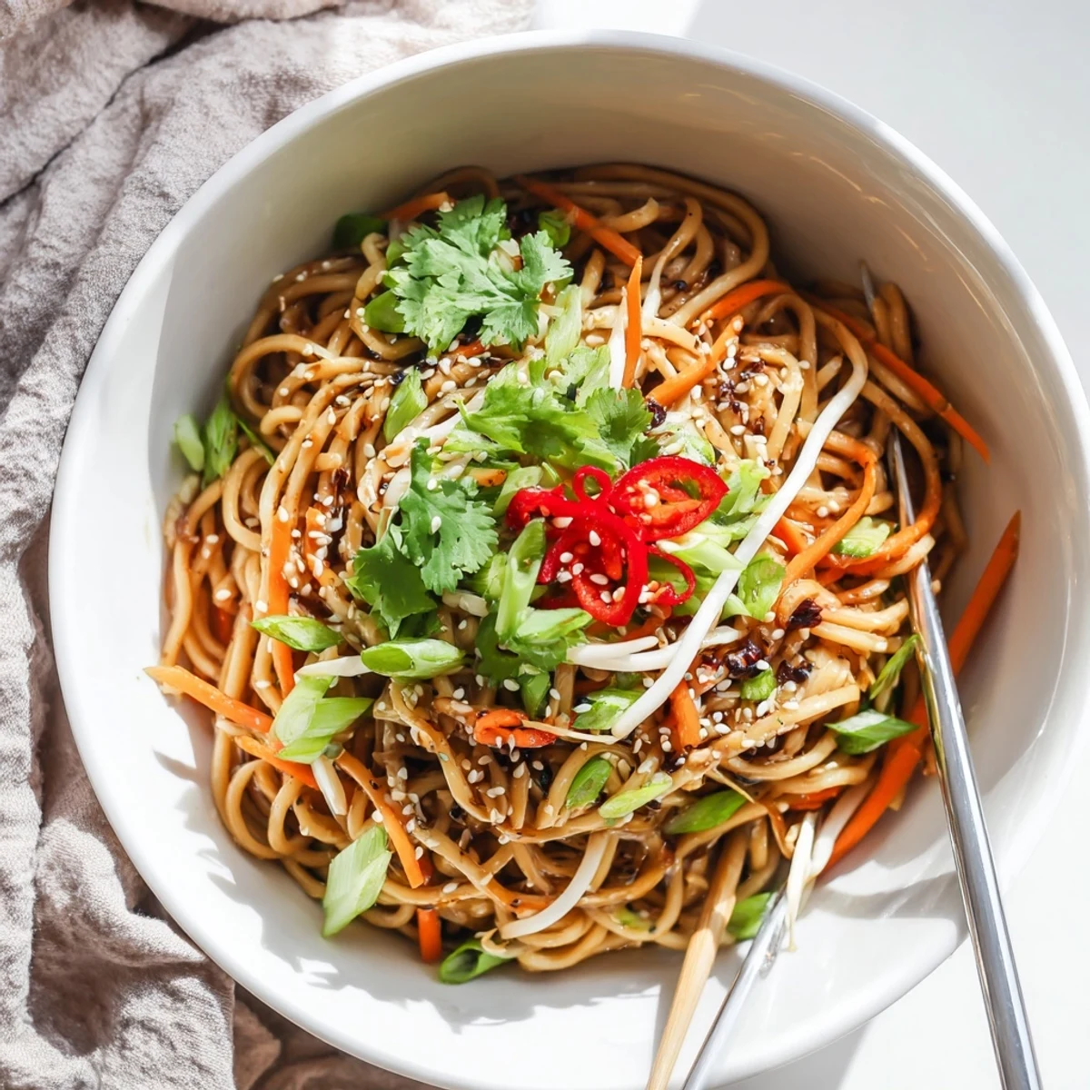 A close-up of a savory Asian Garlic Noodle Bowl with glossy noodles coated in a garlic-butter sauce, topped with green onions and sesame seeds.  