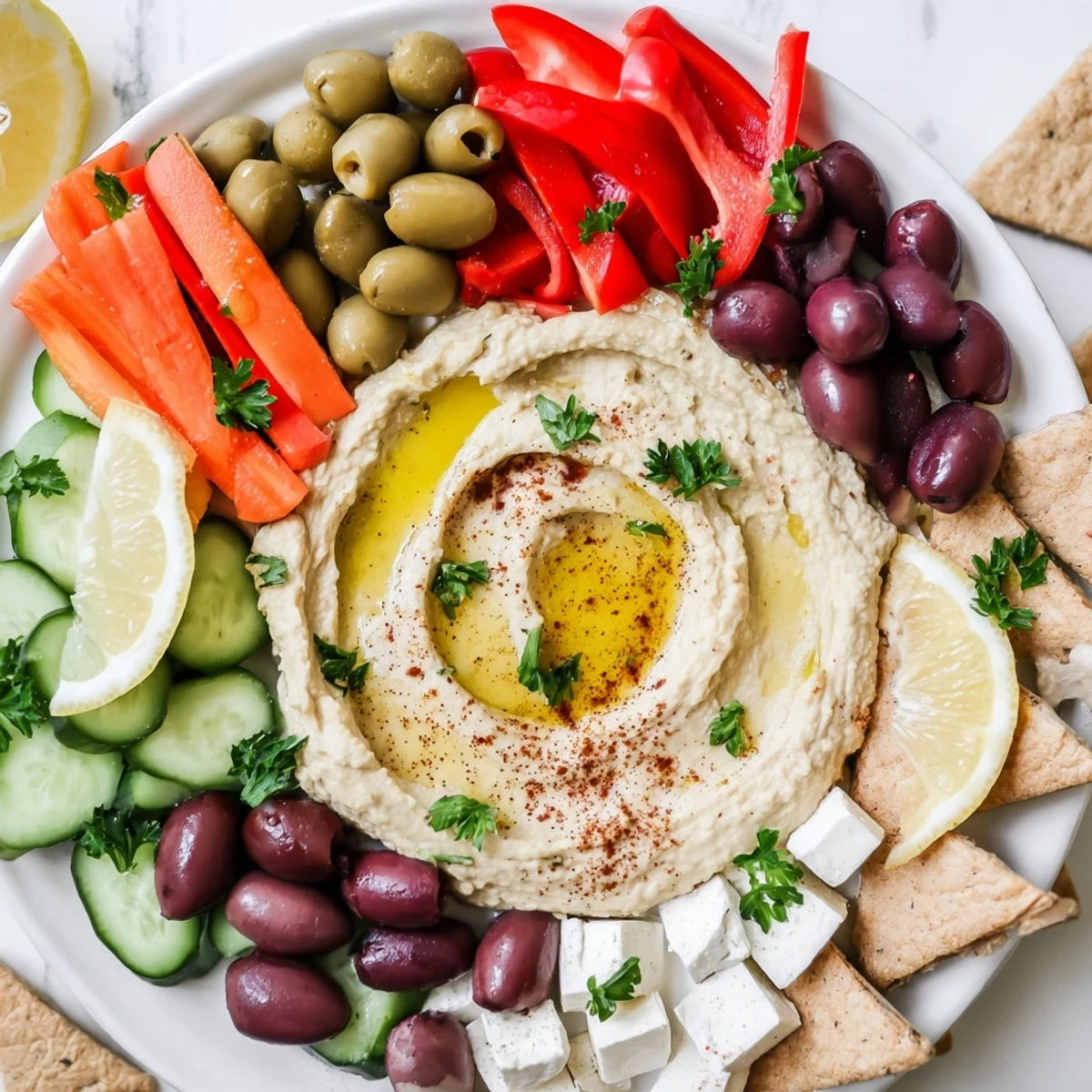 Colorful Middle Eastern Mezze Platter featuring hummus drizzled with olive oil, crisp veggies, briny olives, and crumbled feta cheese.  
