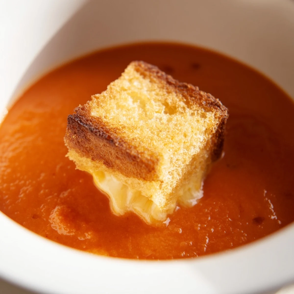 A close-up of roasted tomato soup with grilled cheese croutons, featuring golden, melted cheese cubes floating on vibrant red soup.  