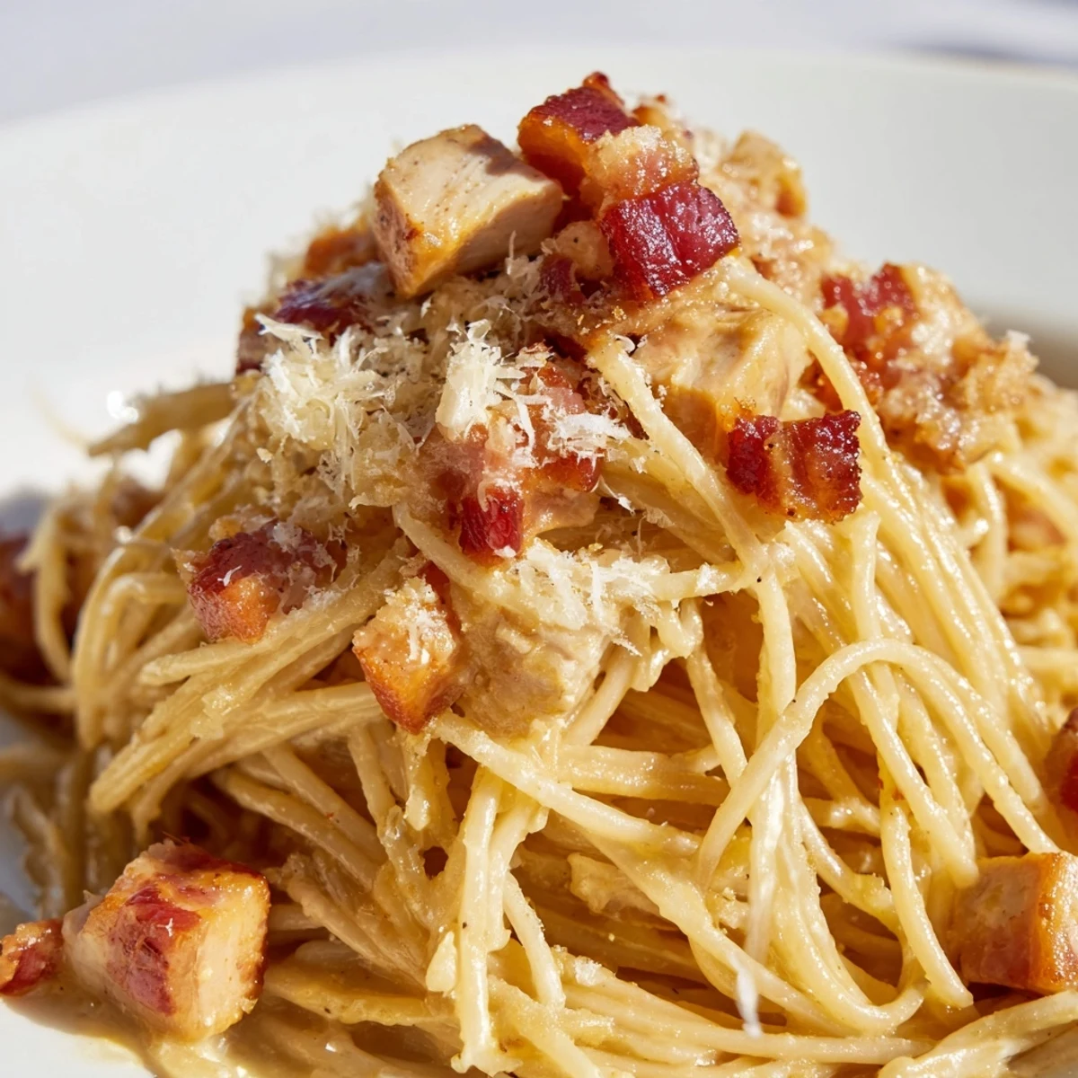 A close-up of Chicken Carbonara, featuring golden shredded chicken and crispy bacon pieces clinging to al dente spaghetti strands coated in a creamy egg and Parmesan sauce.  