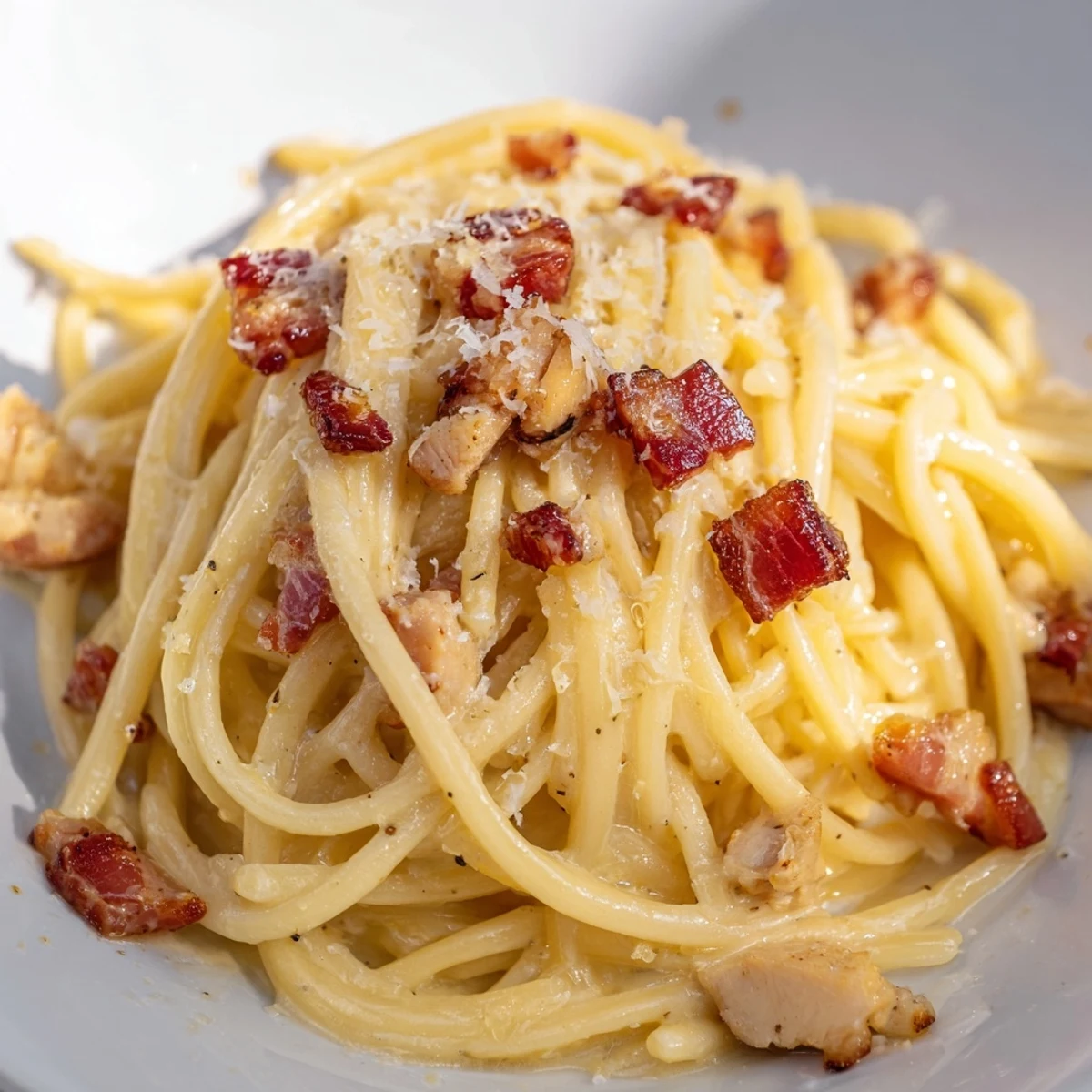 Overhead view of creamy Chicken Carbonara in a skillet, showing the glossy texture of the egg-Parmesan sauce on spaghetti with sautéed garlic, bacon, and shredded chicken.