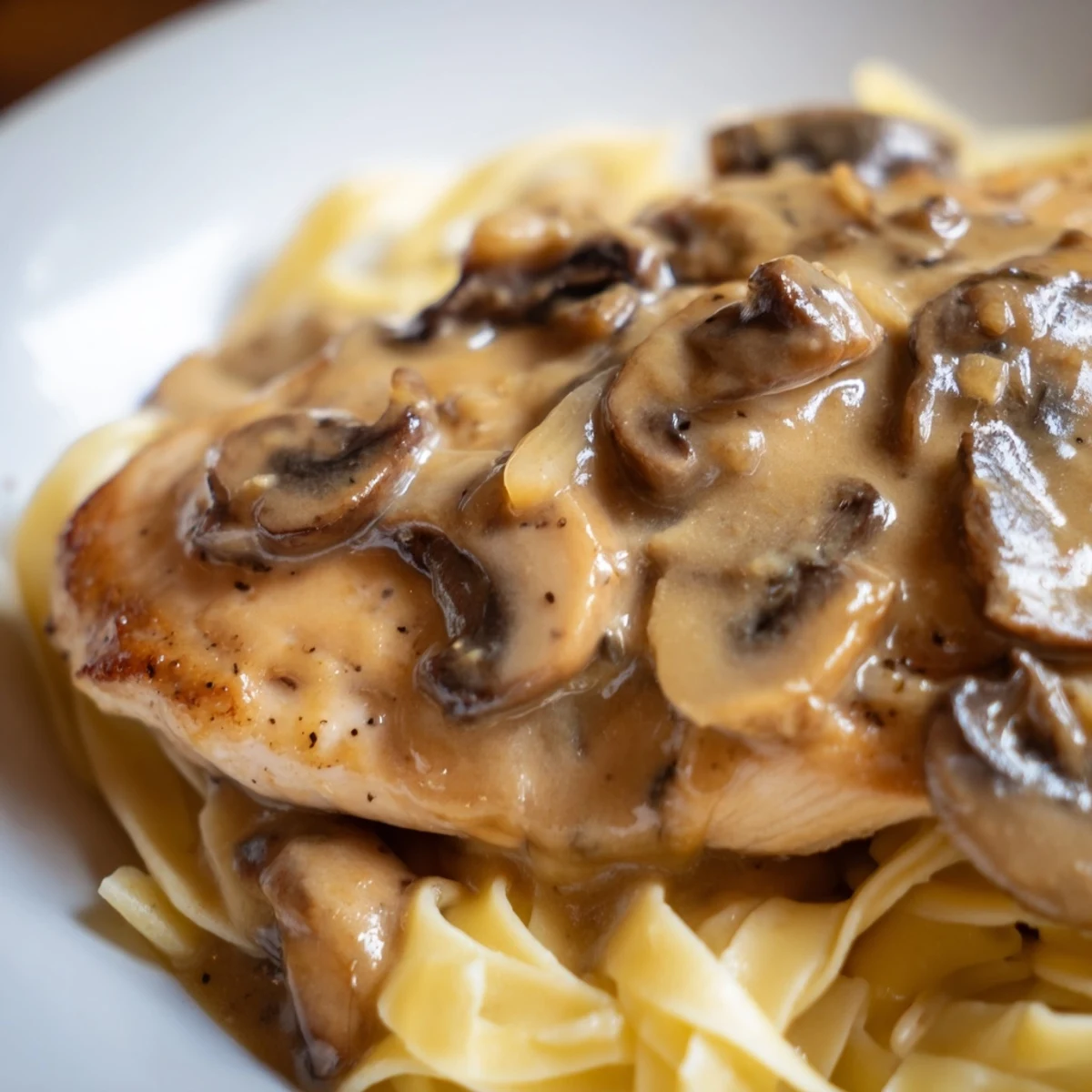 A close-up of tender Chicken Marsala with a rich, velvety mushroom sauce spooned over al dente pasta, garnished with fresh parsley.  