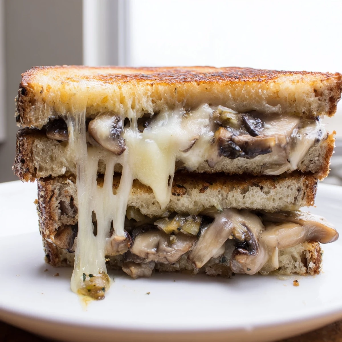 Golden-brown, crispy rye bread encasing melted Swiss cheese and savory sautéed mushrooms in this delectable Mushroom Swiss Grilled Cheese.