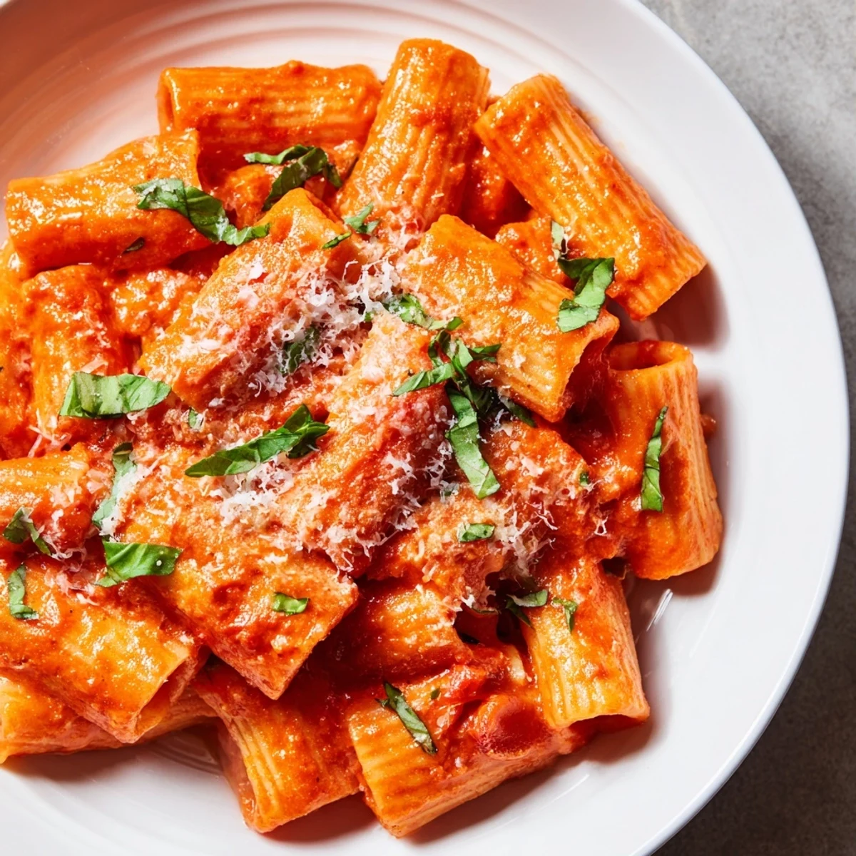Steaming bowl of homemade Spicy Rigatoni Pasta tossed in a creamy tomato sauce with fresh basil garnish.  