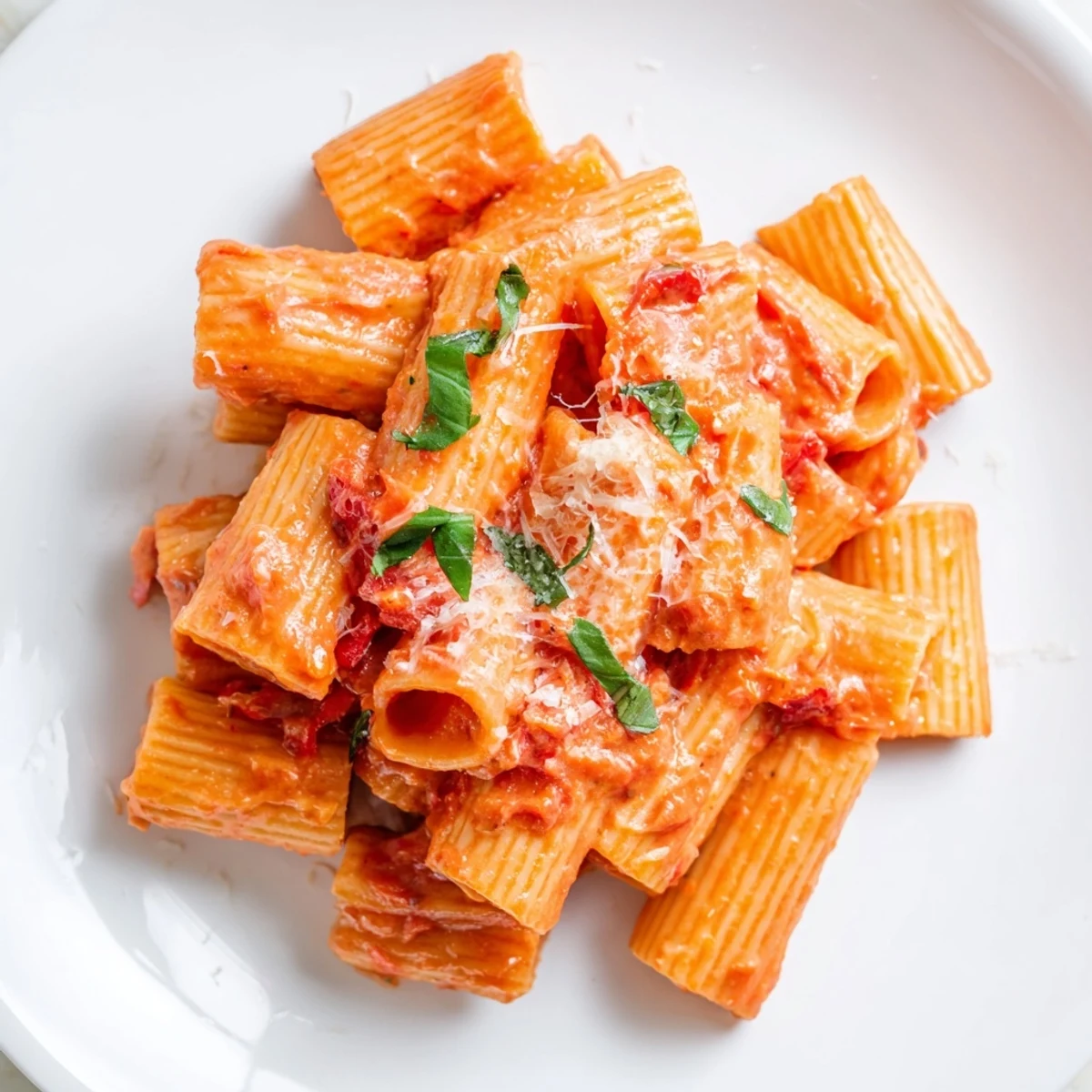 Family-style serving of Spicy Rigatoni Pasta on a rustic table with extra cheese and basil leaves.