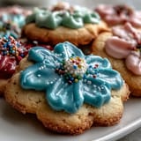 Delicate sugar cookies in floral shapes with smooth pastel icing, ideal for baby celebrations or tea time.  