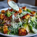Fresh celery and romaine tossed with crunchy homemade croutons, shaved Parmesan, and tangy Caesar dressing in a colorful salad bowl.