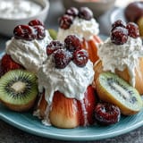 Vibrant rainbow fruit table with coconut whipped cream, perfect for healthy desserts or brunch gatherings.