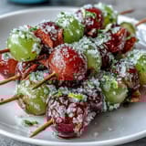 Zesty lime sugar coats frozen grapes on wooden skewers, offering a sweet-tart treat for hot days.