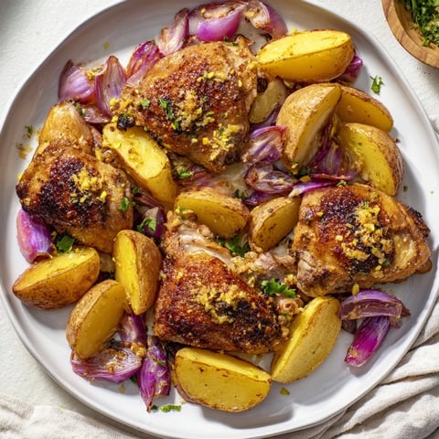Golden, crispy Greek Lemon Chicken and Potatoes with tender potatoes and juicy chicken thighs, ready to serve.