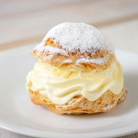 A close-up of Chaos Karpatka: Golden pastry peaks with creamy vanilla filling, dusted with powdered sugar.