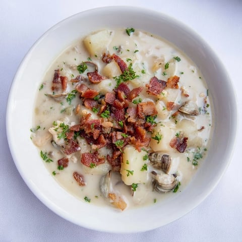 Creamy Authentic New England Clam Chowder, served hot with crispy bacon, a true seafood treat.