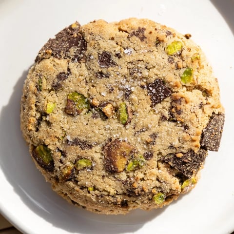 Golden, crisp Salted Pistachio Chocolate Chunk Shortbread, showing a close-up of buttery, crumbly texture with sea salt.