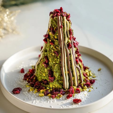 Vibrant green matcha pistachio Christmas tree energy bites, drizzled with white chocolate, ready to enjoy.