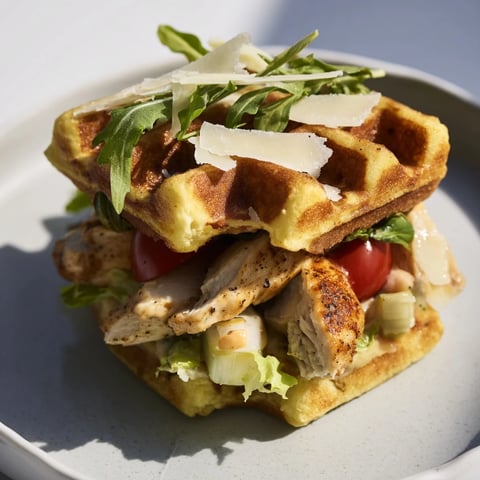 Golden-brown Chicken Caesar Waffle Sandwich, a fun lunch idea on a plate, loaded with flavor.