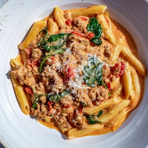 One-Pot Italian Sausage Tomato Pasta simmering beautifully in a skillet, ready to serve with Parmesan.