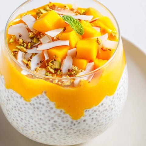 Creamy Mango Coconut Chia Pudding layered with fresh mango, perfect for a tropical breakfast.