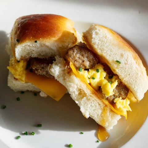 Golden-brown Mini Breakfast Sliders filled with melted cheese, savory sausage, and fluffy eggs, ready to eat.