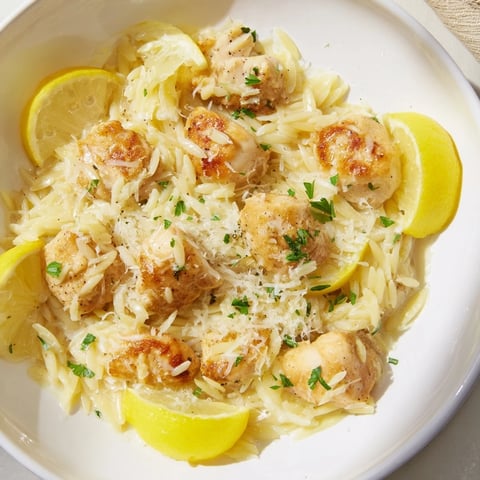 Golden chicken pieces nestled in creamy lemon orzo, a fantastic weeknight meal recipe.