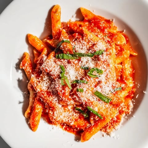 Steaming bowl of Microwave Bowl Pasta, glistening with marinara and sprinkled with Parmesan cheese.