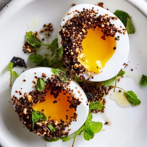 Golden yolk of Dukkah-Spiced Eggs topped with crunchy dukkah, fresh herbs, and a drizzle of olive oil.