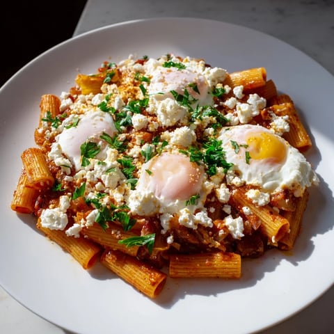Shakshuka Baked Pasta features vibrant red sauce with perfectly poached eggs and fresh herbs.