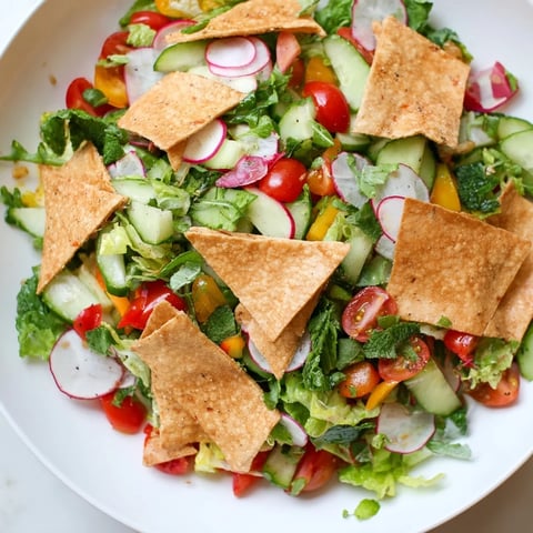 A colorful bowl of Fattoush Crunch Salad with vibrant veggies and crisp pita chips.