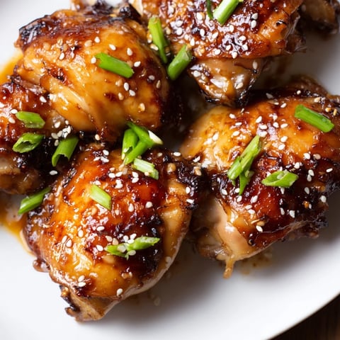 Sticky honey garlic glazed chicken thighs, caramelized and glistening, served over fluffy white rice with fresh green onions.