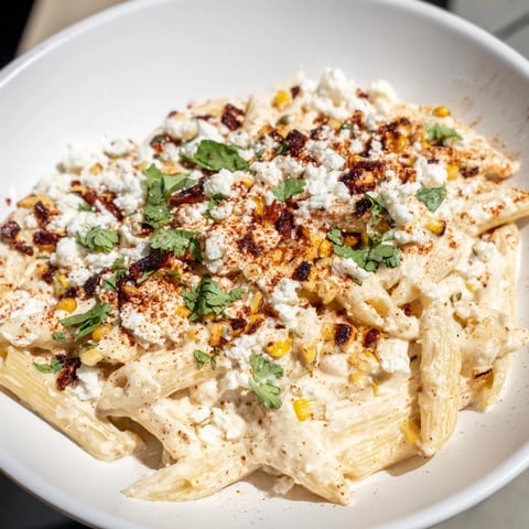 A close-up of creamy Mexican Street Corn Pasta with golden corn, crumbled cotija, and fresh cilantro.