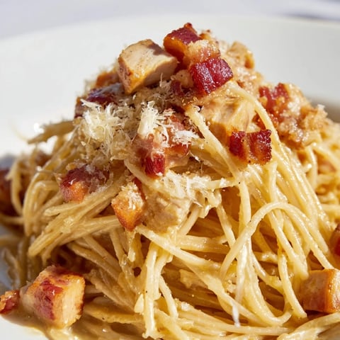 A close-up of Chicken Carbonara, featuring golden shredded chicken and crispy bacon pieces clinging to al dente spaghetti strands coated in a creamy egg and Parmesan sauce.  