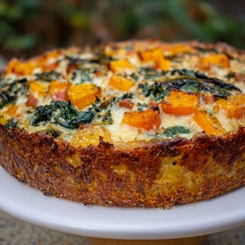 A hearty slice of Potato Crust Quiche showcasing the vibrant squash and herbs inside.