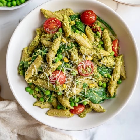 Tender, flavorful One-Pot Creamy Pesto Pea Protein Pasta ready to serve, garnished with Parmesan cheese.