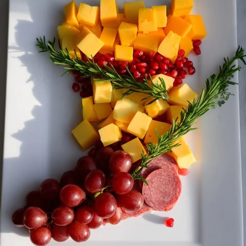 Festive Christmas Stocking Snack Tray, filled with cheeses, crackers, and fruits for a fun holiday spread.