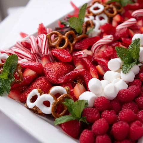 Beautiful candy cane striped platter piles high with a variety of red and white, delicious sweets.