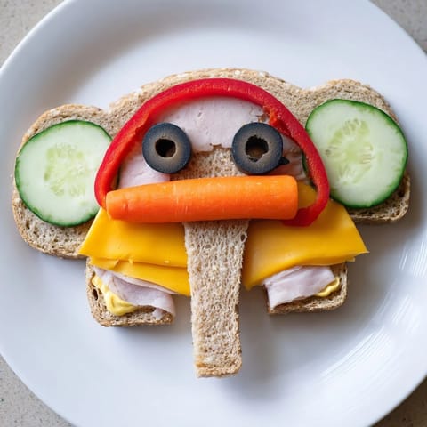 Brightly arranged Big Top Elephant Sandwiches, featuring colorful veggies and cheese, perfect for a party.